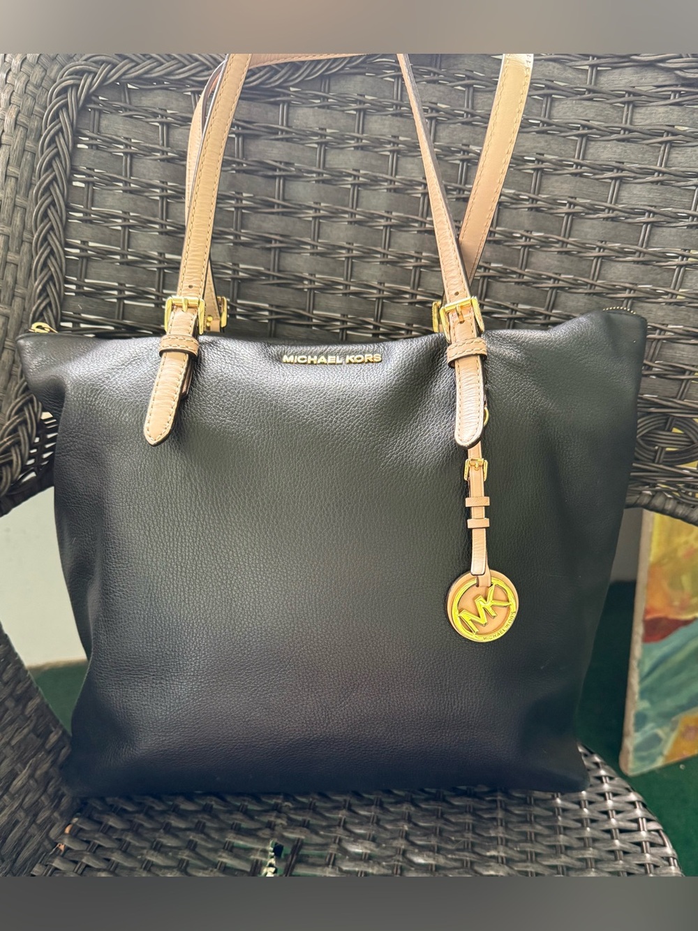 Michael Kors Black Leather Shoulder Tote with Tan Straps